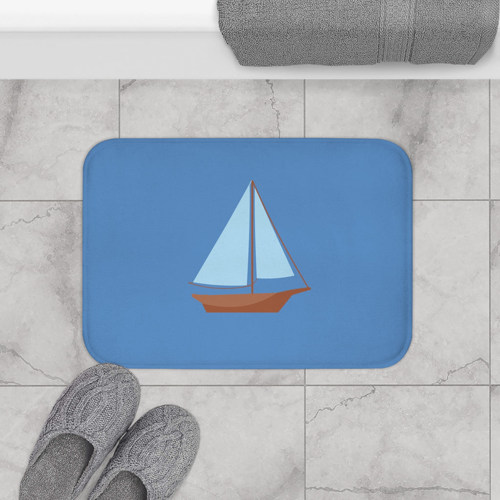 Nautical Vintage Sailboat Bath Mat, FRENCH BLUE — Soft Coastal Bathroom Rug