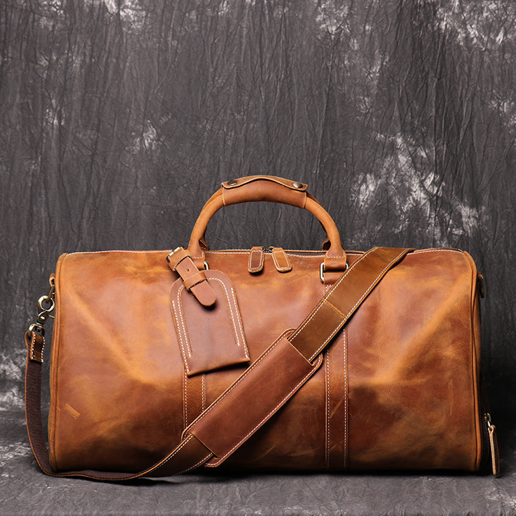 Full Grain Leather Duffle Bag with Shoe Compartment, Vintage Men's Weekender Travel Bag