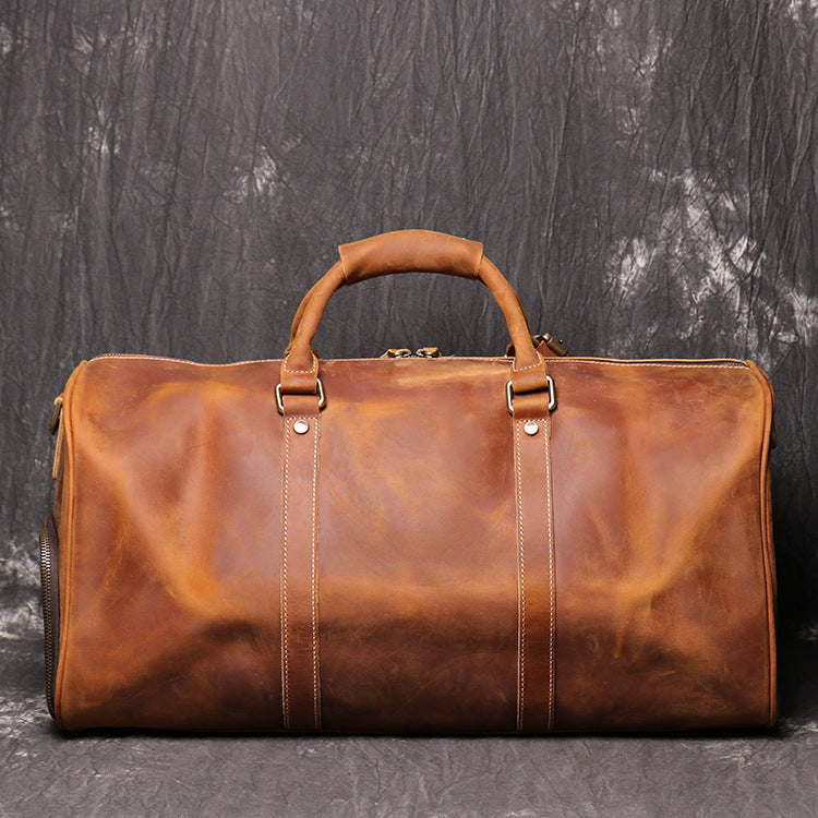 Full Grain Leather Duffle Bag with Shoe Compartment, Vintage Men's Weekender Travel Bag