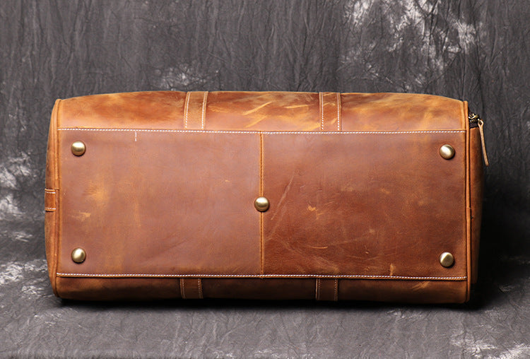 Full Grain Leather Duffle Bag with Shoe Compartment, Vintage Men's Weekender Travel Bag