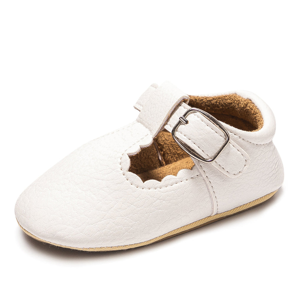 Baby Girls’ White T-Strap Shoes – Soft Scalloped Style