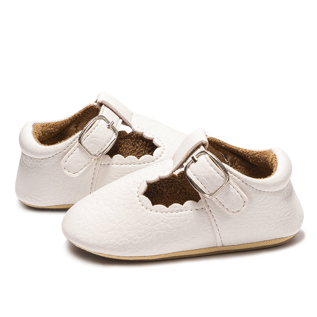 Baby Girls’ White T-Strap Shoes – Soft Scalloped Style