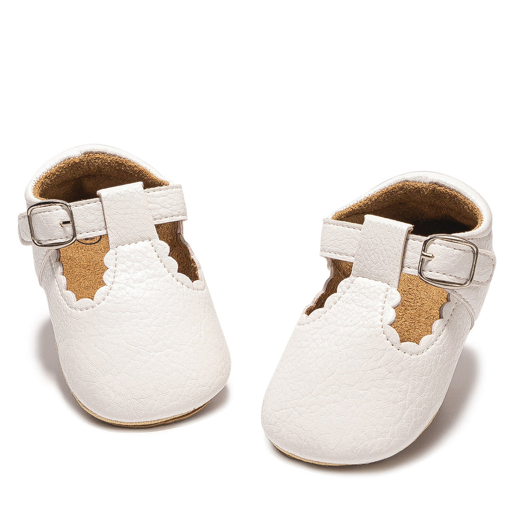 Baby Girls’ White T-Strap Shoes – Soft Scalloped Style