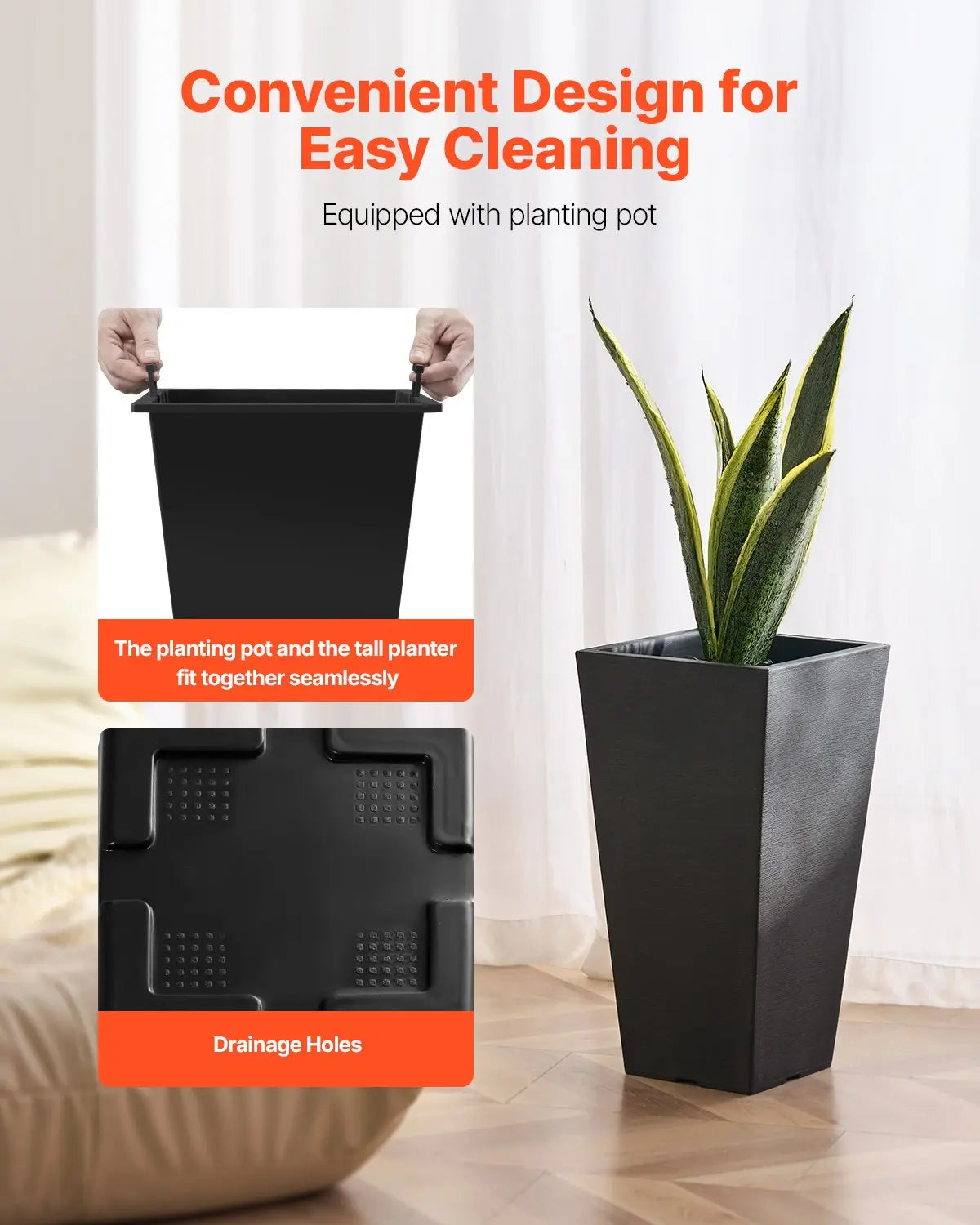 Set Of 2 Tall Outdoor Planters 22inch, Large Planters For Outdoor Indoor Plants, Black Front Porch Planters Flower Tree Plant Pots With Modern Design And Built-in Drainage