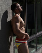 Men’s Red & Yellow Stripe Low-Rise Swim Brief