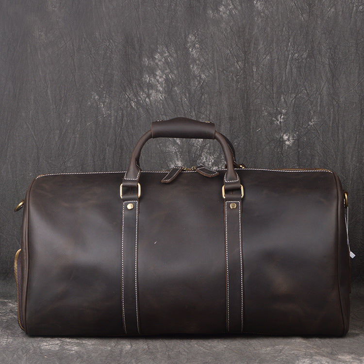Full Grain Leather Duffle Bag with Shoe Compartment, Vintage Men's Weekender Travel Bag