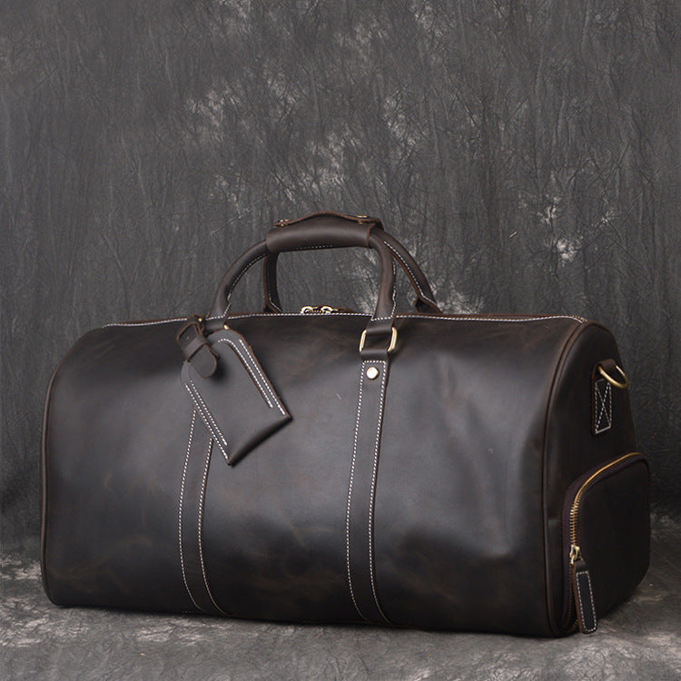 Full Grain Leather Duffle Bag with Shoe Compartment, Vintage Men's Weekender Travel Bag
