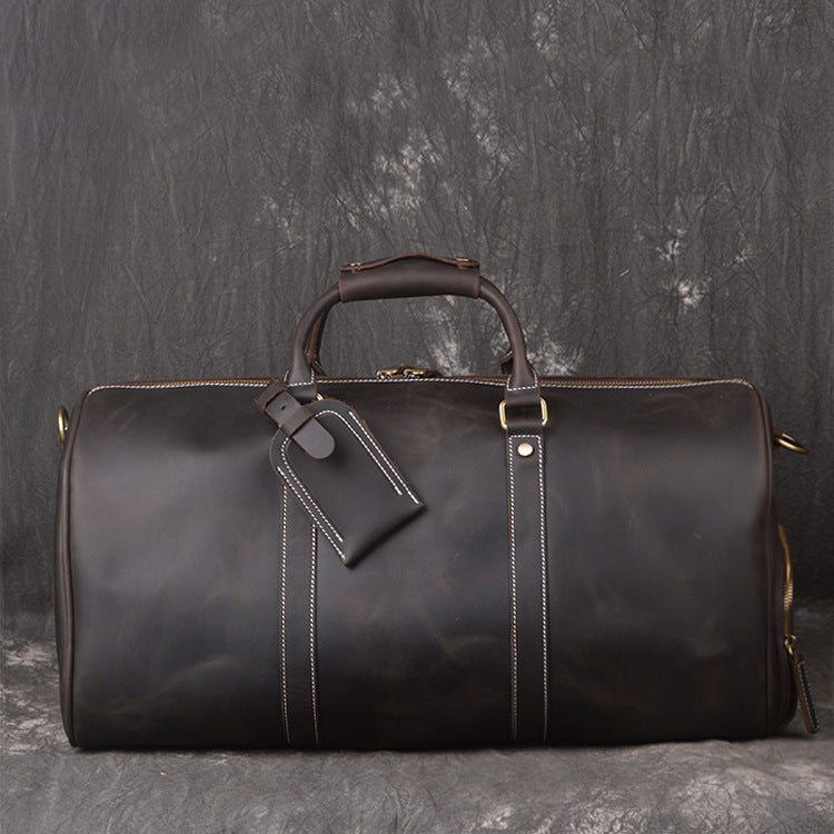 Full Grain Leather Duffle Bag with Shoe Compartment, Vintage Men's Weekender Travel Bag