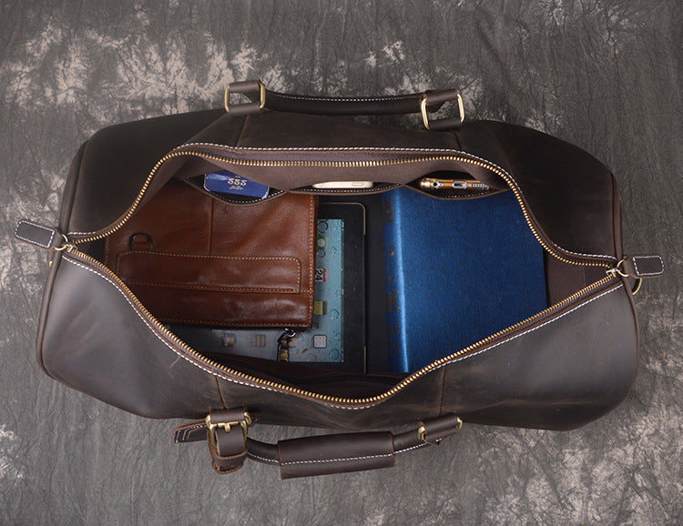 Full Grain Leather Duffle Bag with Shoe Compartment, Vintage Men's Weekender Travel Bag
