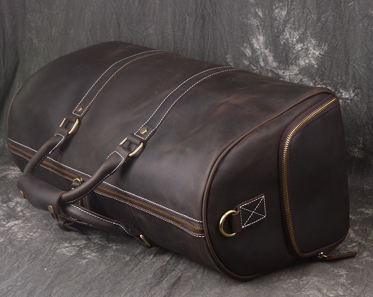 Full Grain Leather Duffle Bag with Shoe Compartment, Vintage Men's Weekender Travel Bag