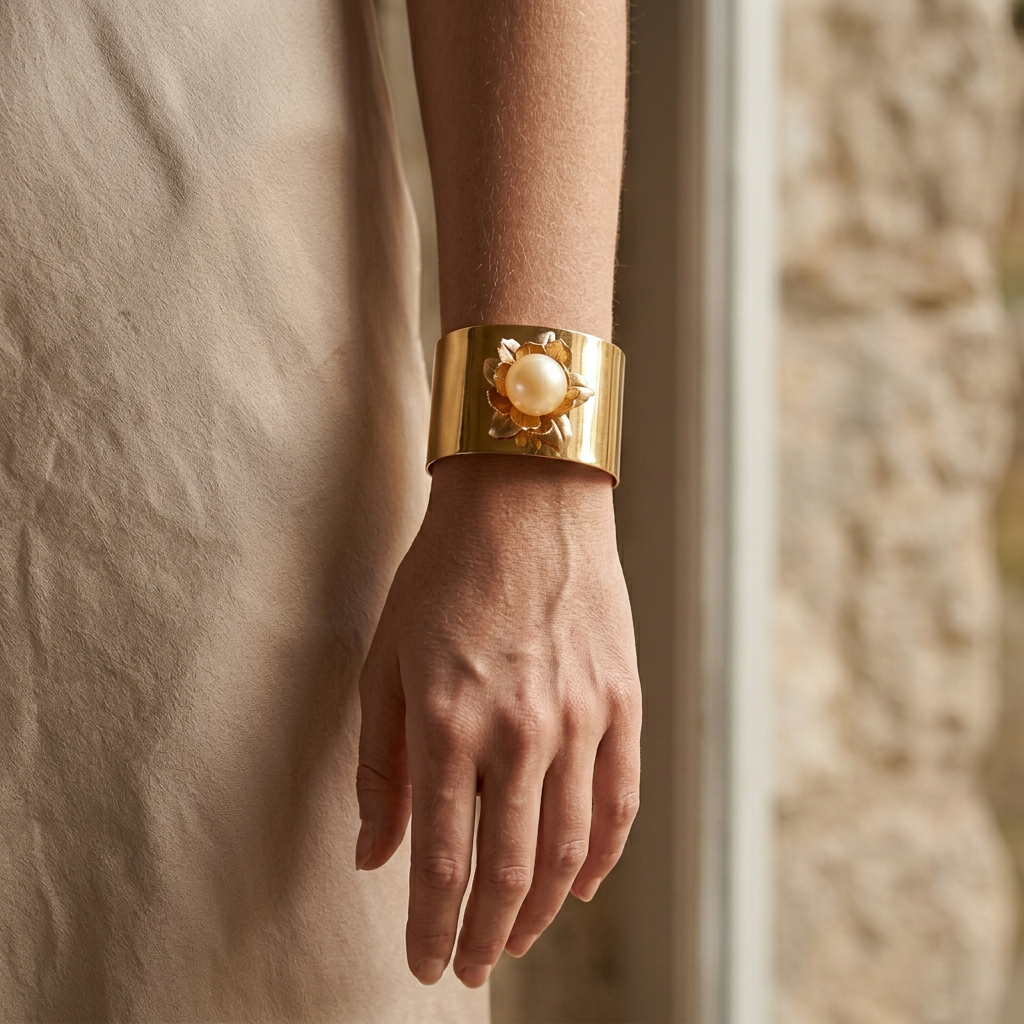 Vintage Italian Custom Pearl Flower Cuff Bracelet