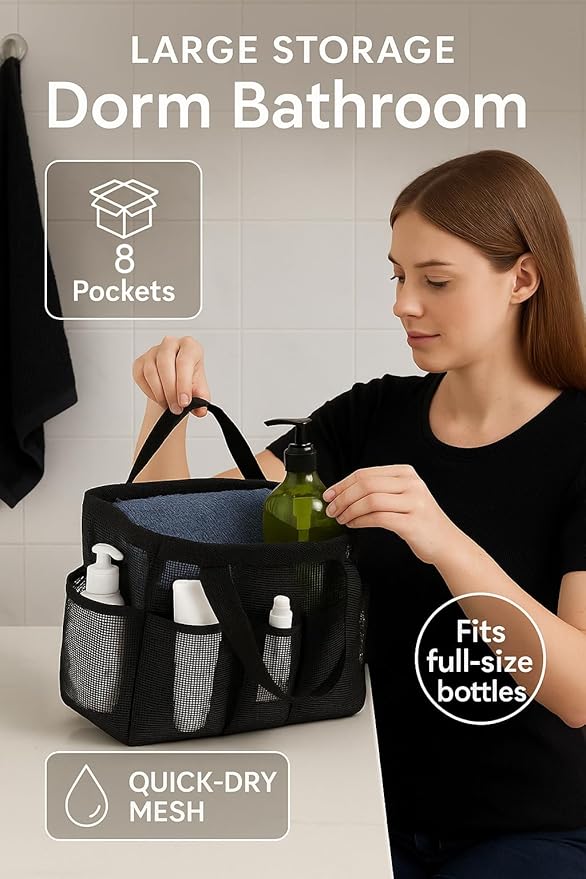 Portable 7-Pocket Mesh Shower Caddy – Black