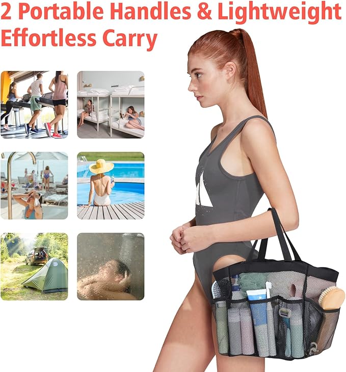 Portable 7-Pocket Mesh Shower Caddy – Black