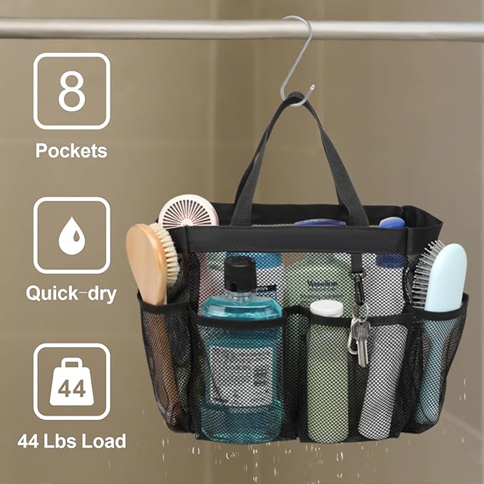 Portable 7-Pocket Mesh Shower Caddy – Black