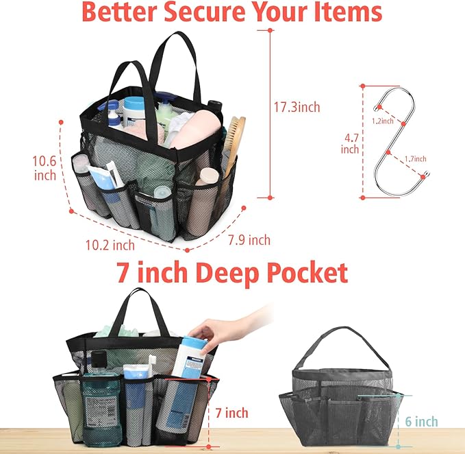 Portable 7-Pocket Mesh Shower Caddy – Black