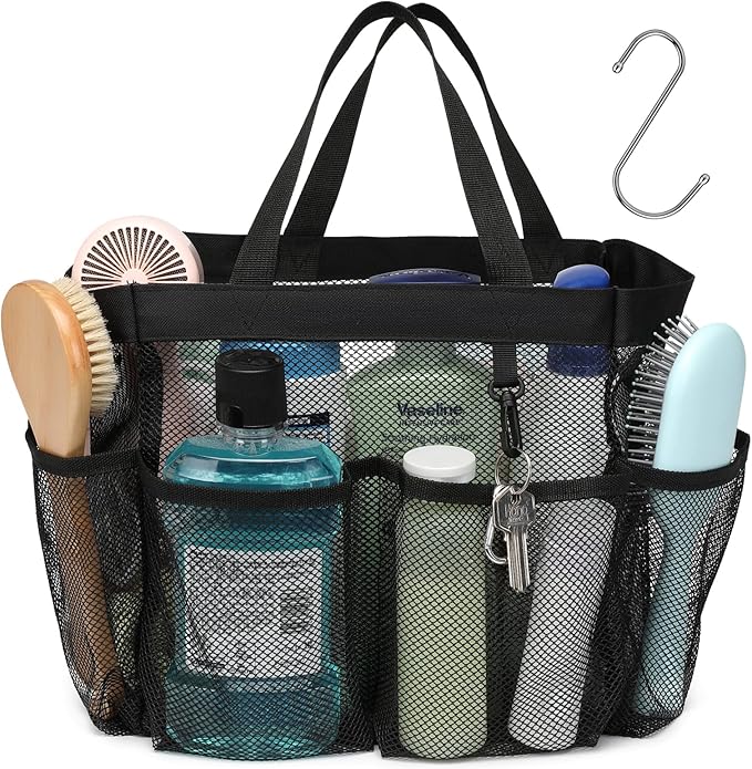 Portable 7-Pocket Mesh Shower Caddy – Black