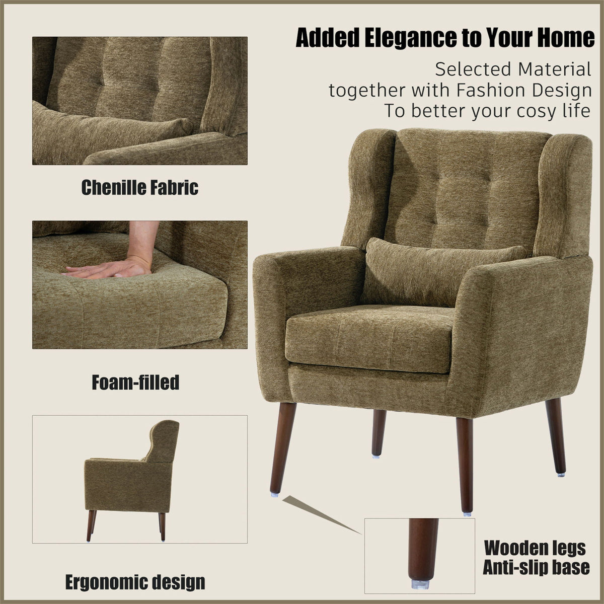 Modern Chenille Accent Armchair with Lumbar Pillow