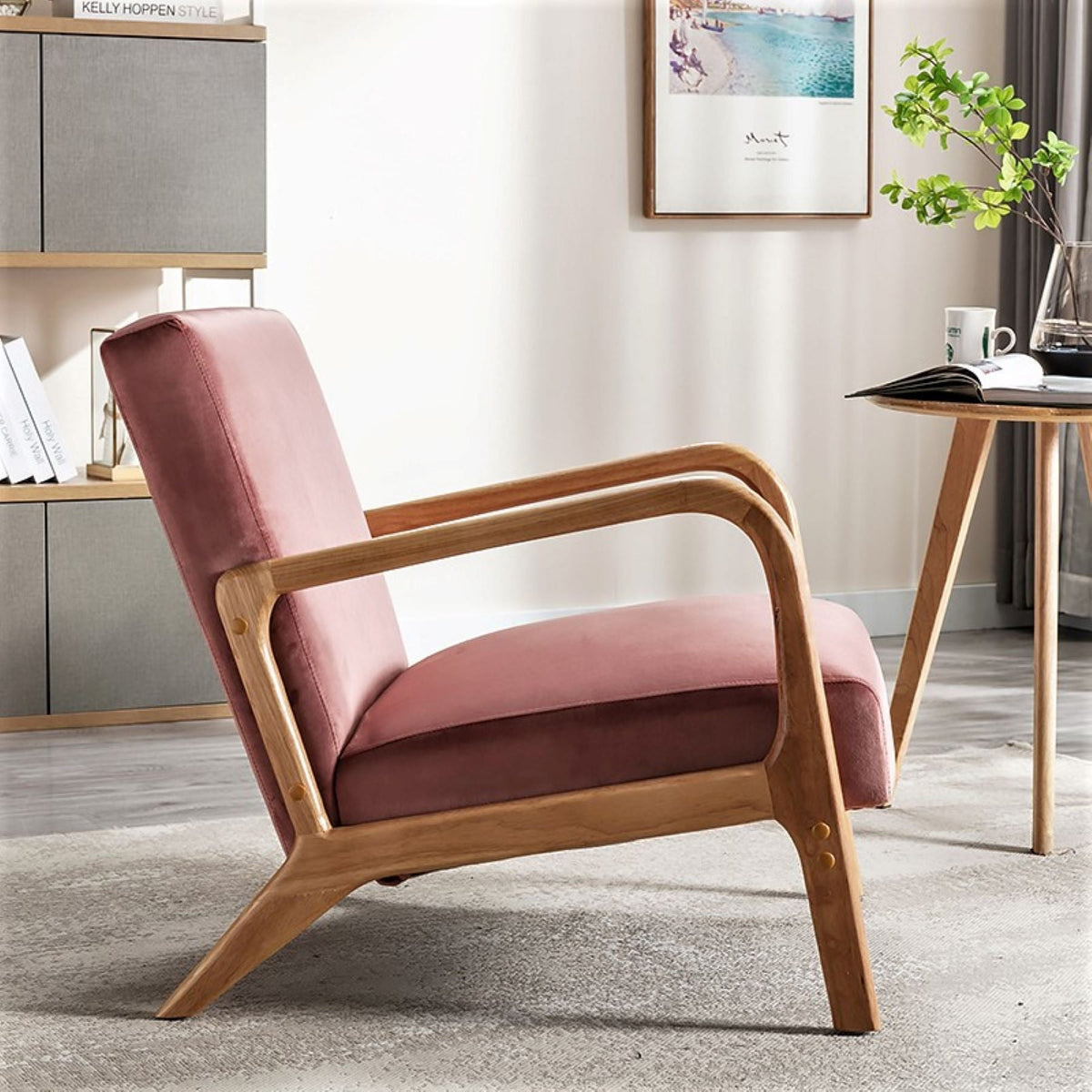 Classic Mid-Century Accent Chair with Open Wood Frame & Plush Cushioning