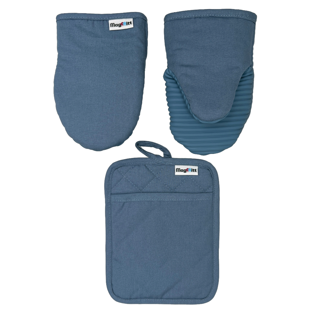 3-Piece Heavyweight Cotton Magnetic Oven Mitt & Pot Holder Set – Blue Steel