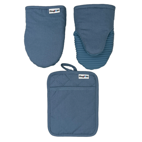 3-Piece Heavyweight Cotton Magnetic Oven Mitt & Pot Holder Set – Blue Steel