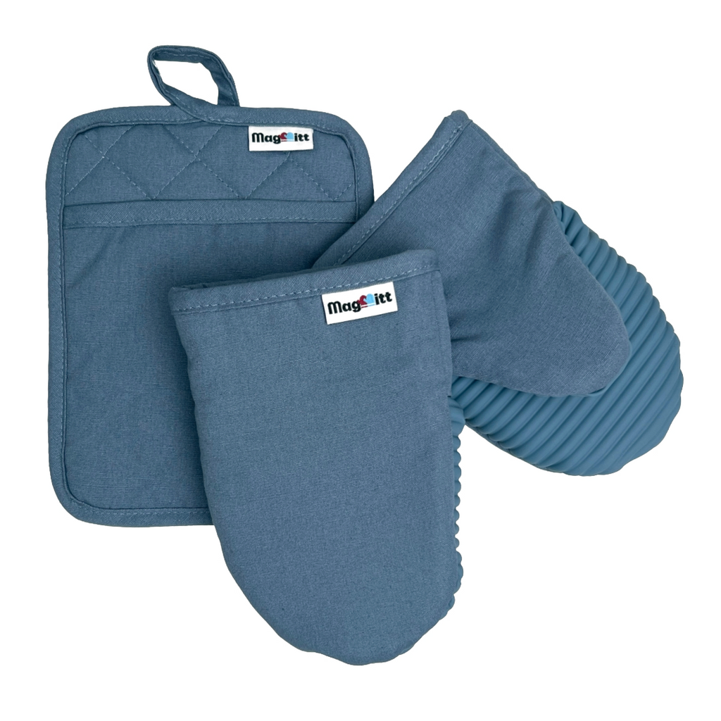 3-Piece Heavyweight Cotton Magnetic Oven Mitt & Pot Holder Set – Blue Steel