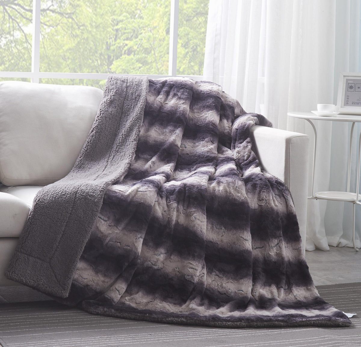 Luxury Charcoal Black Striped Faux Fur Blanket