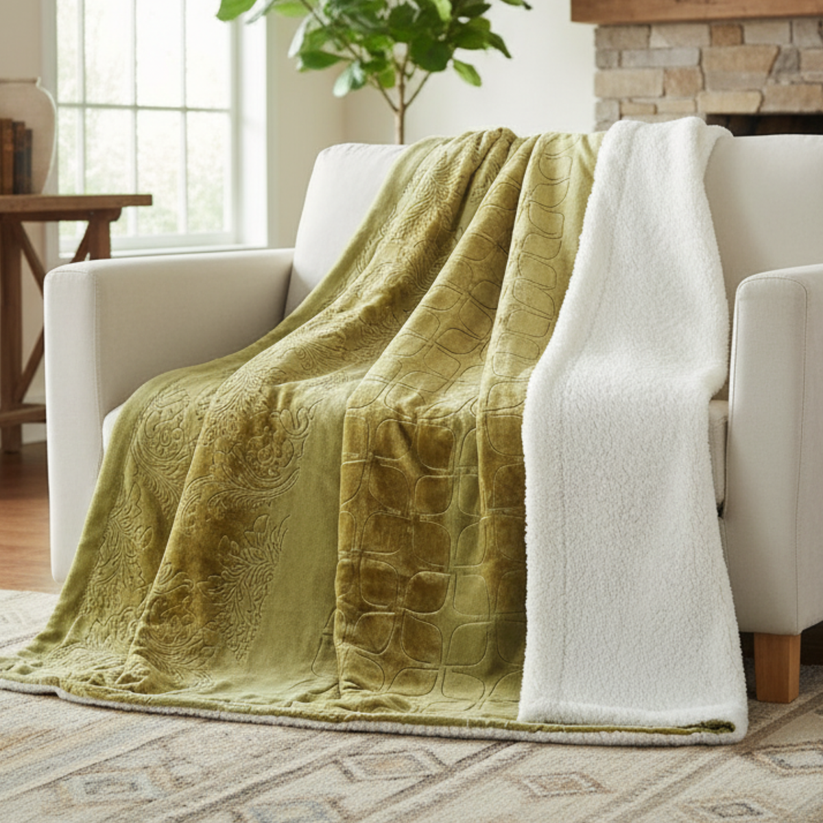 Olive Chartreuse Embossed Sherpa Blanket