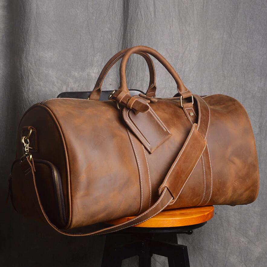 Full Grain Leather Duffle Bag with Shoe Compartment, Vintage Men's Weekender Travel Bag