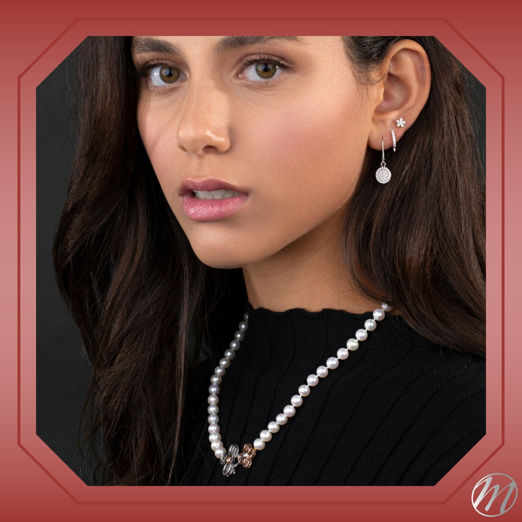 MASSETE White Round Freshwater Cultured Pearl Necklace for Women Sterling Silver Flower Clover Clasp 7mm 19"