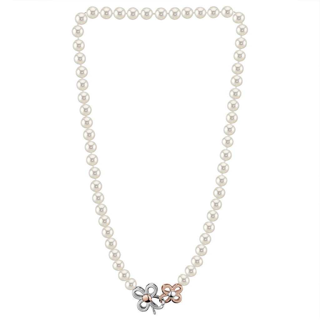 MASSETE White Round Freshwater Cultured Pearl Necklace for Women Sterling Silver Flower Clover Clasp 7mm 19"