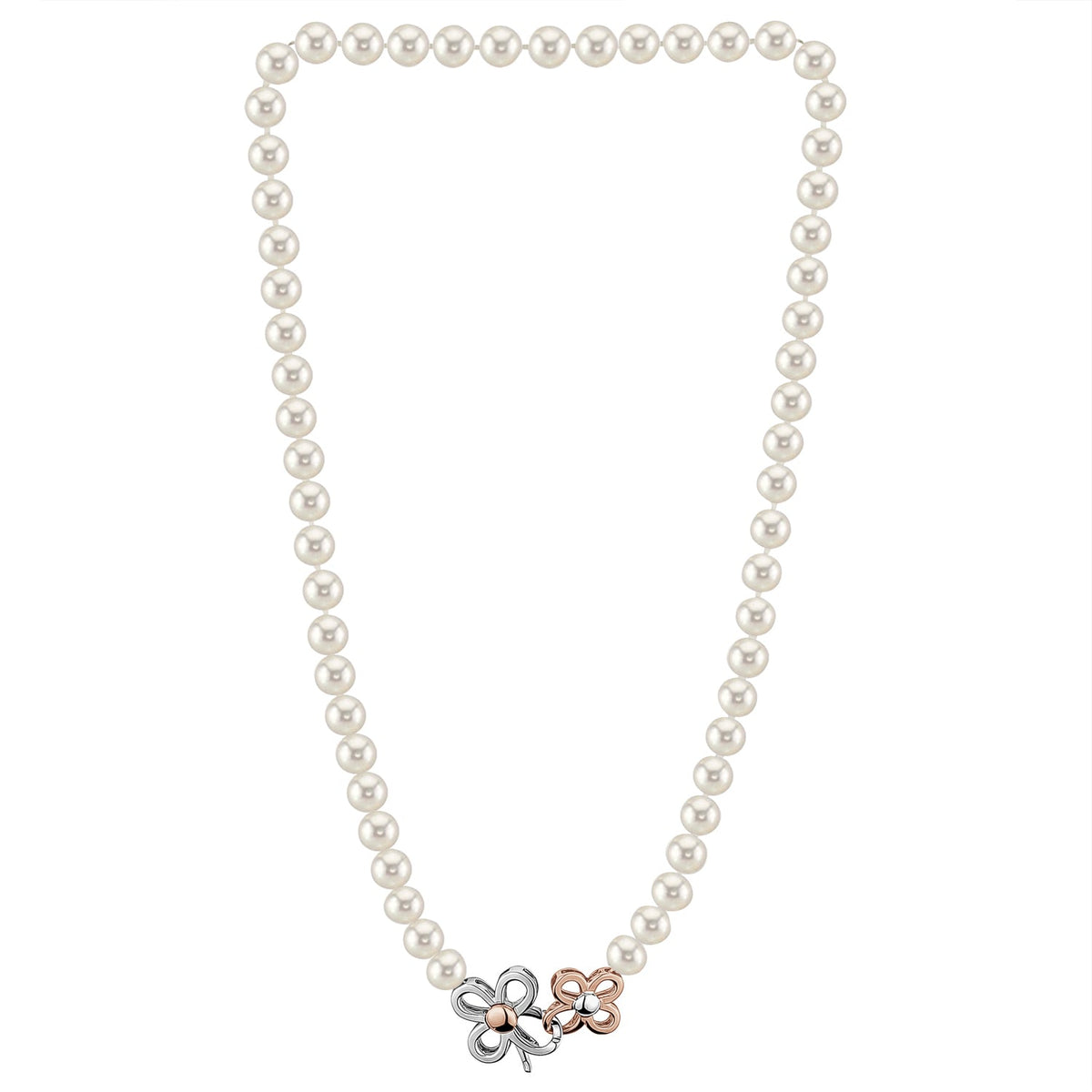 MASSETE White Round Freshwater Cultured Pearl Necklace for Women Sterling Silver Flower Clover Clasp 7mm 19"