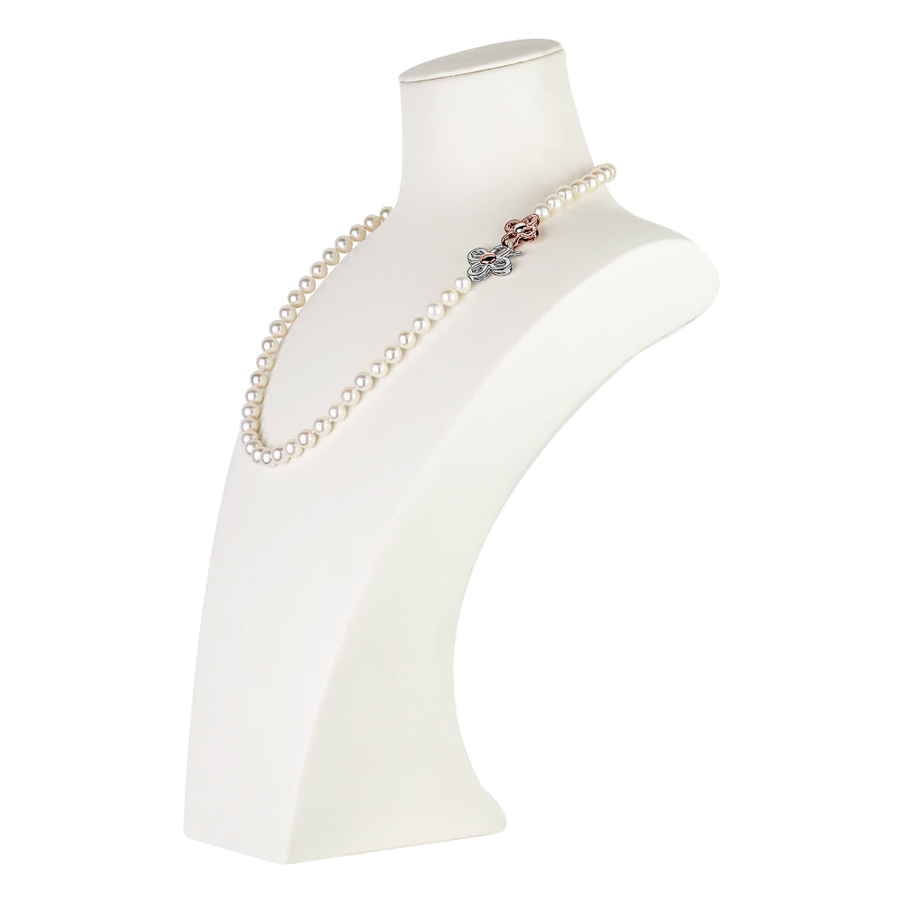 MASSETE White Round Freshwater Cultured Pearl Necklace for Women Sterling Silver Flower Clover Clasp 7mm 19"