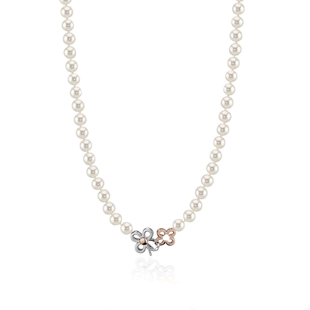 MASSETE White Round Freshwater Cultured Pearl Necklace for Women Sterling Silver Flower Clover Clasp 7mm 19"