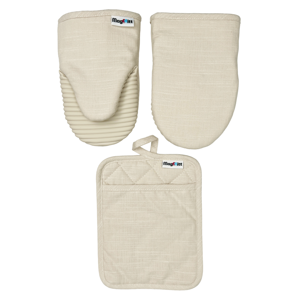 3-Piece Magnetic Cotton Oven Mitt & Pot Holder Set – Vanilla Cream