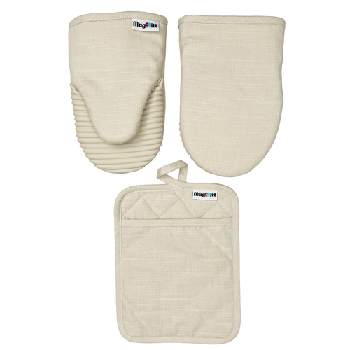 3-Piece Magnetic Cotton Oven Mitt & Pot Holder Set – Vanilla Cream