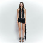 Summer Women Sexy Front Chest Lace up Cutout Cropped Outfit Strap Design Top Skirt Sets