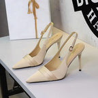 French Satin Women Stiletto Heel High Heel Shoes Pointed Toe Shallow Mouth Back Empty Ankle Strap Buckle Cocktail Shoes Women