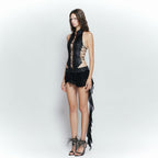 Summer Women Sexy Front Chest Lace up Cutout Cropped Outfit Strap Design Top Skirt Sets