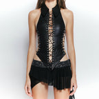 Summer Women Sexy Front Chest Lace up Cutout Cropped Outfit Strap Design Top Skirt Sets