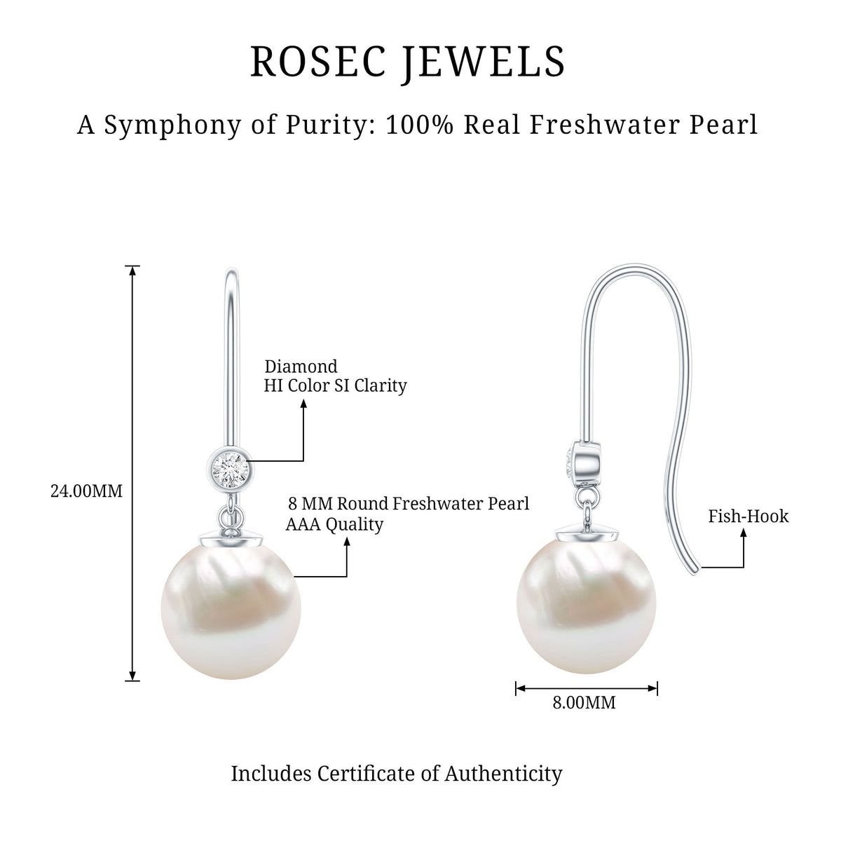 Real Freshwater Pearl Drop Earrings with Diamond