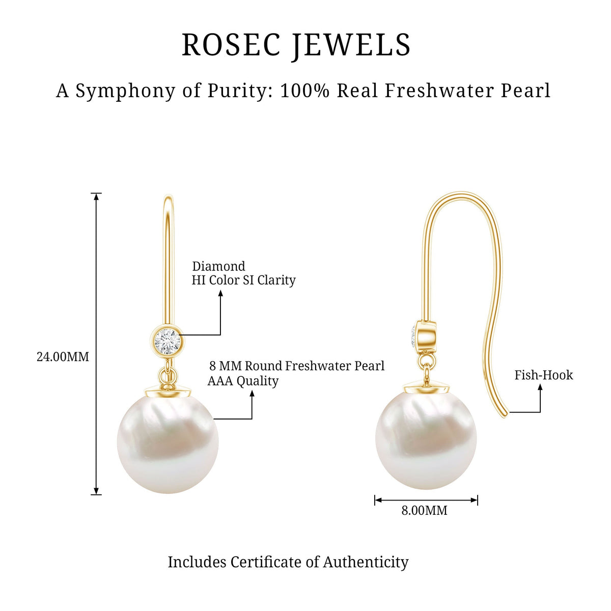 Real Freshwater Pearl Drop Earrings with Diamond