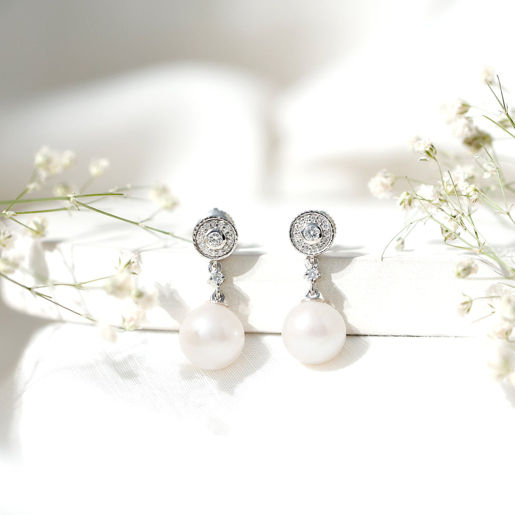 Real Pearl and Diamond Dangle Drop Earrings