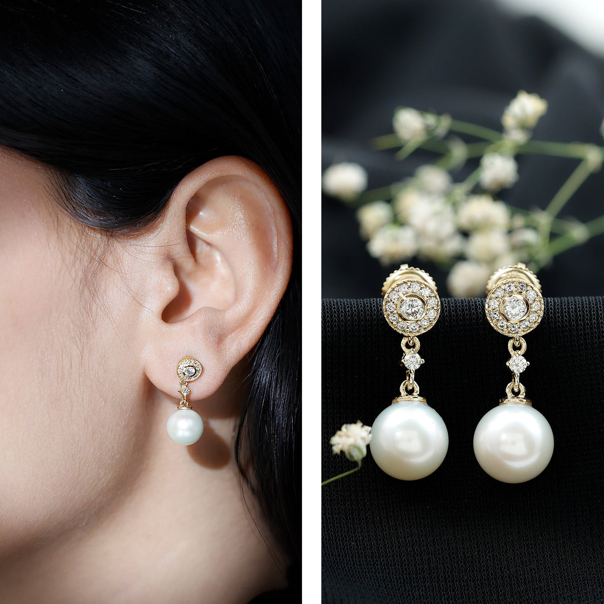 Real Pearl and Diamond Dangle Drop Earrings