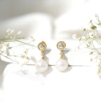 Real Pearl and Diamond Dangle Drop Earrings