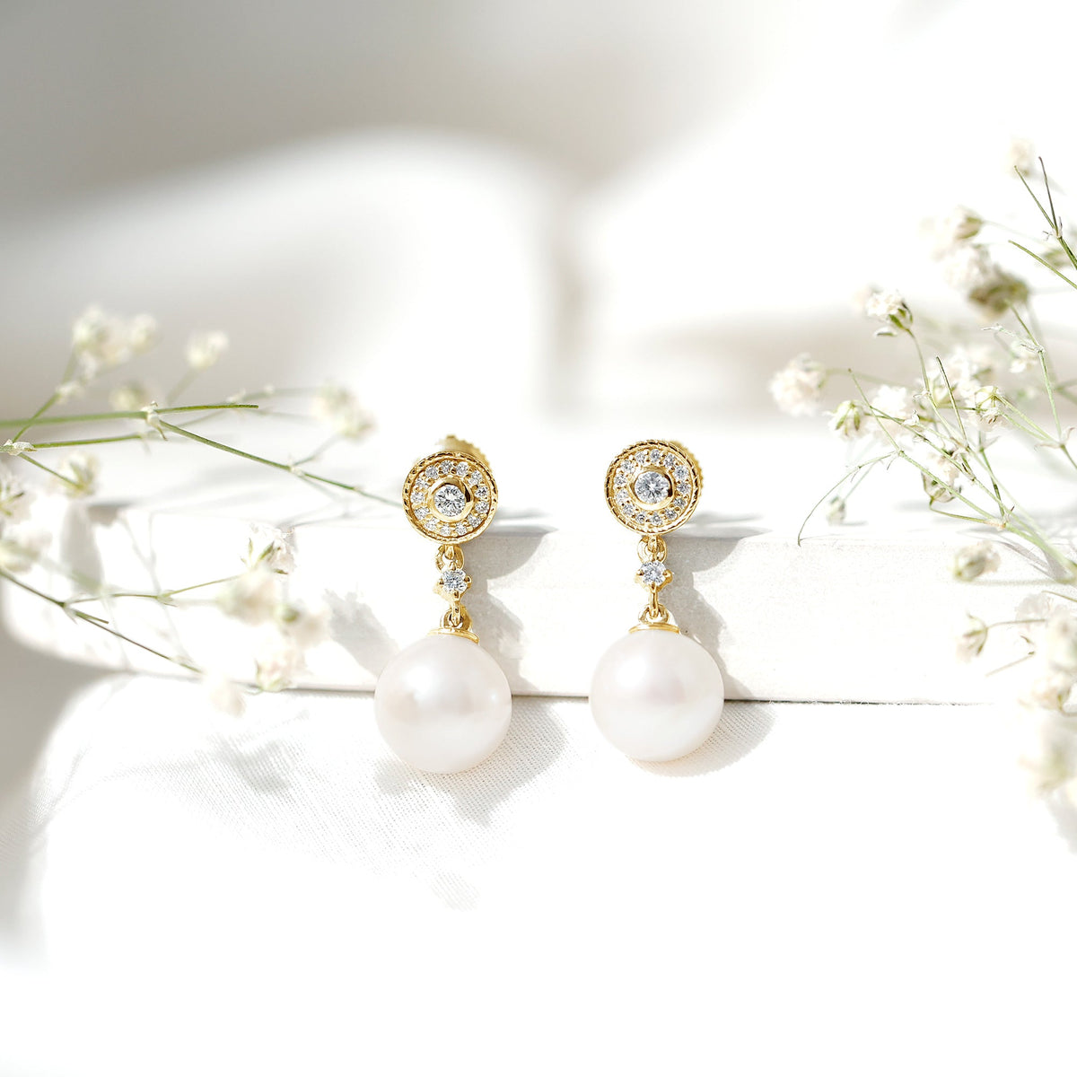 Real Pearl and Diamond Dangle Drop Earrings