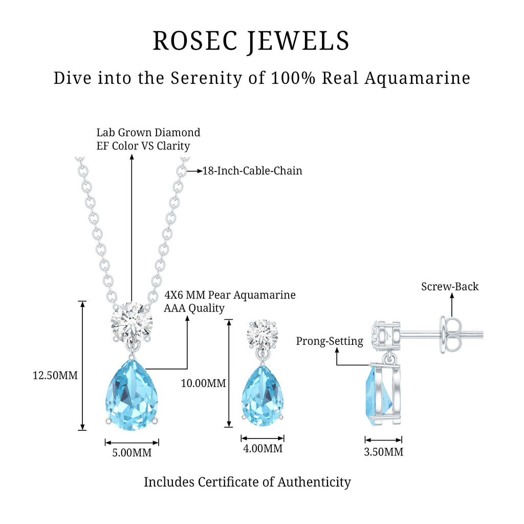 Real Pear Cut Aquamarine Teardrop Jewelry Set with Diamond