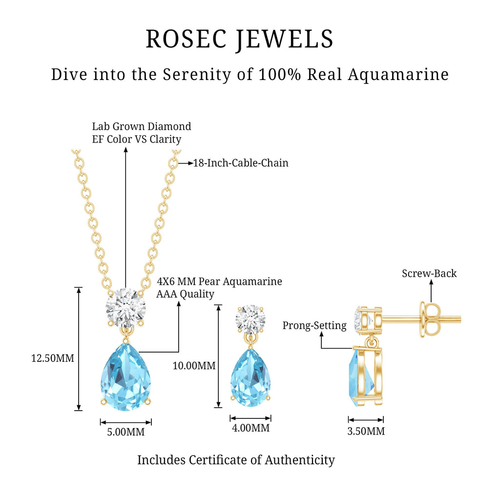 Real Pear Cut Aquamarine Teardrop Jewelry Set with Diamond