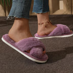 Cross Warm Fluffy Furry Slippers Women Lightweight Flat Heels Fur Slides Woman Autumn Winter Open Toe Non Slip Home Floor Shoes
