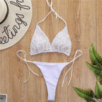 Pearl-Embellished Triangle Bikini Set