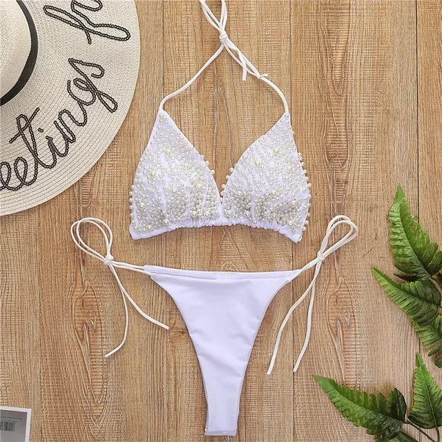 Pearl-Embellished Triangle Bikini Set